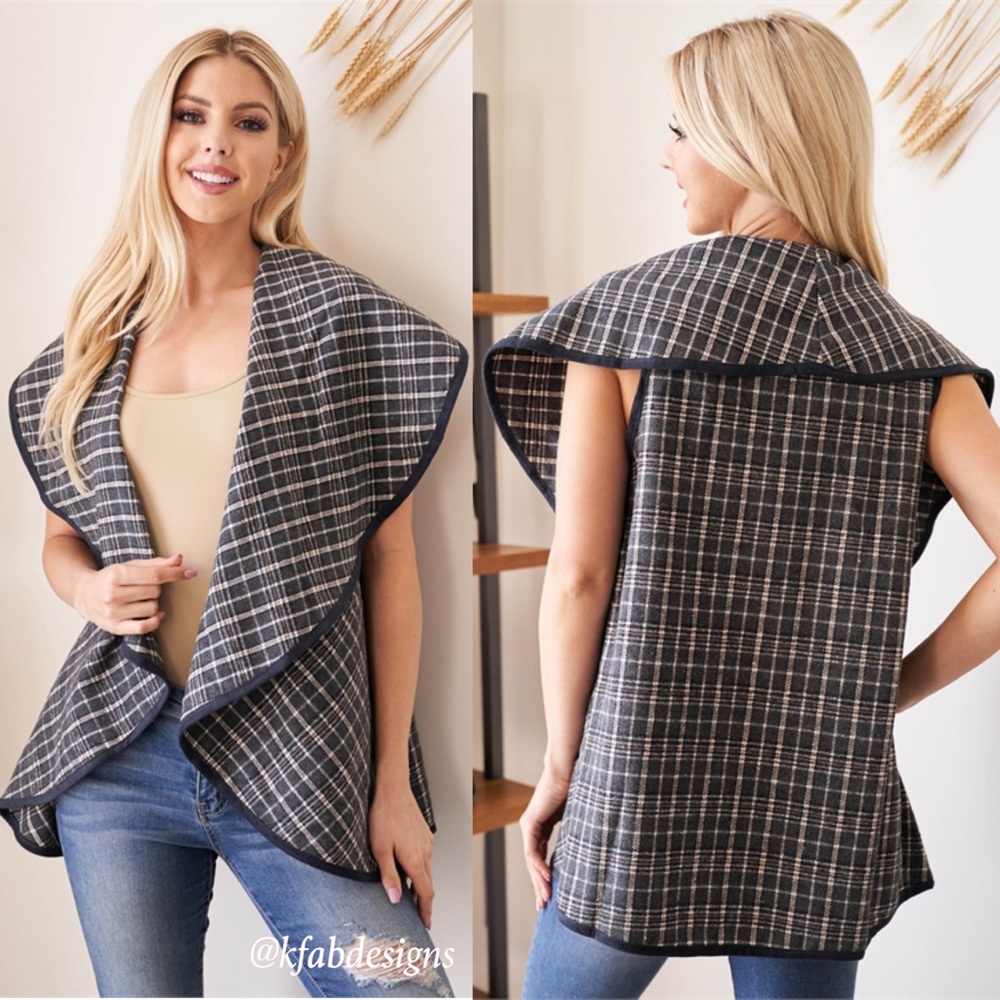 DARK CHARCOAL AND TAN BEAUTIFUL CHECKERED VEST WITH FAUX LEATHER PIPING!